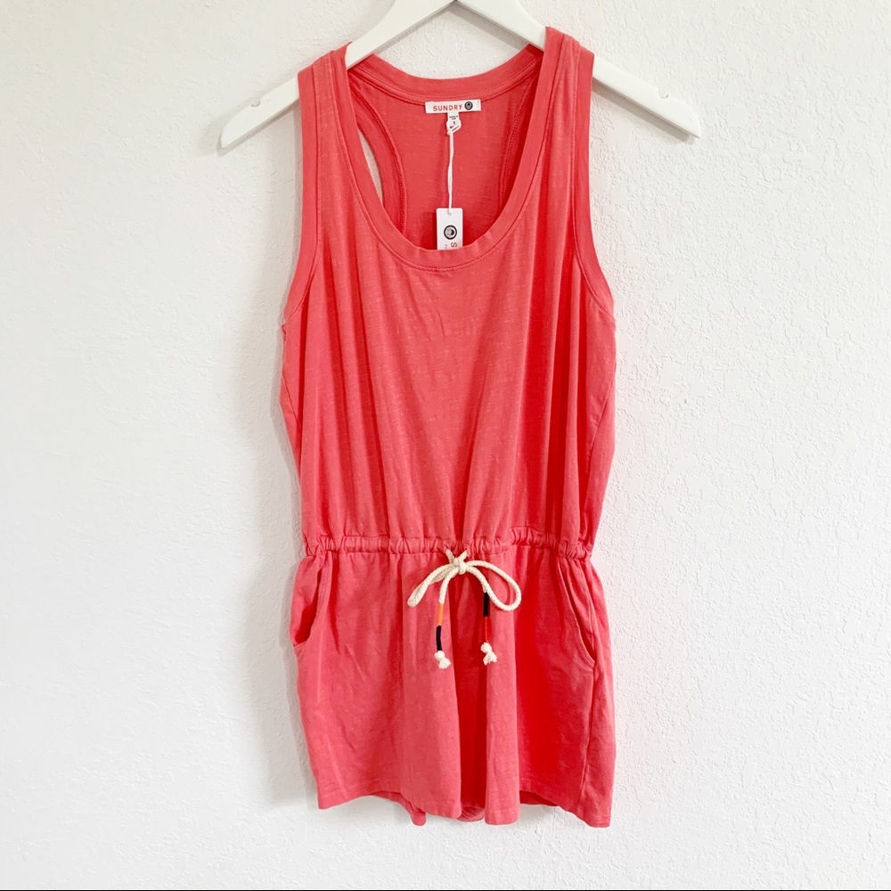 Sundry Coral Drawstring Tank Romper